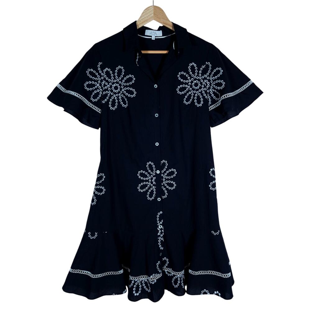Pearl by Lela Rose Womens Dress XS Black Embroidered Ruffle Hem Boho Cottagecore - Picture 1 of 13